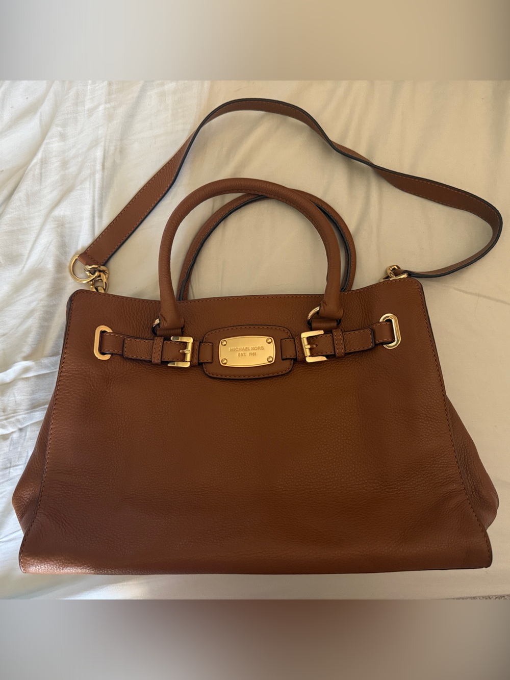 Michael Kors Cognac Pebbled Leather Satchel with Gold Hardware